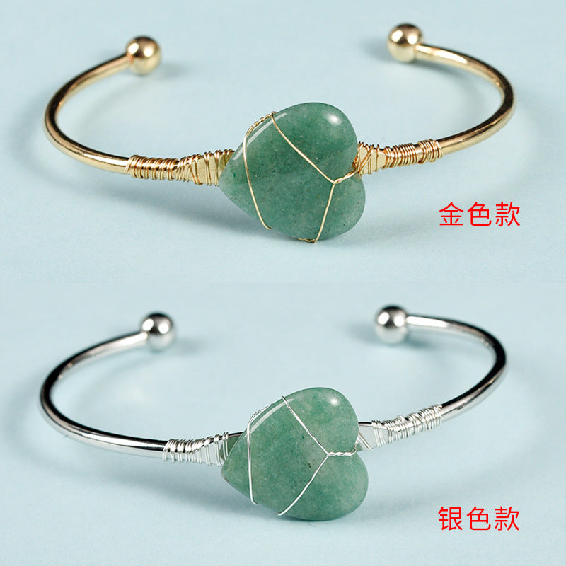 Simple Heart Crystal Bangle with Gemstone Beads Bracelet