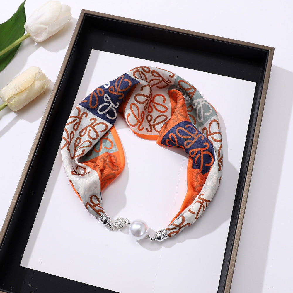 Women's Elegant Silk Print Scarf with Magnetic Letter Design