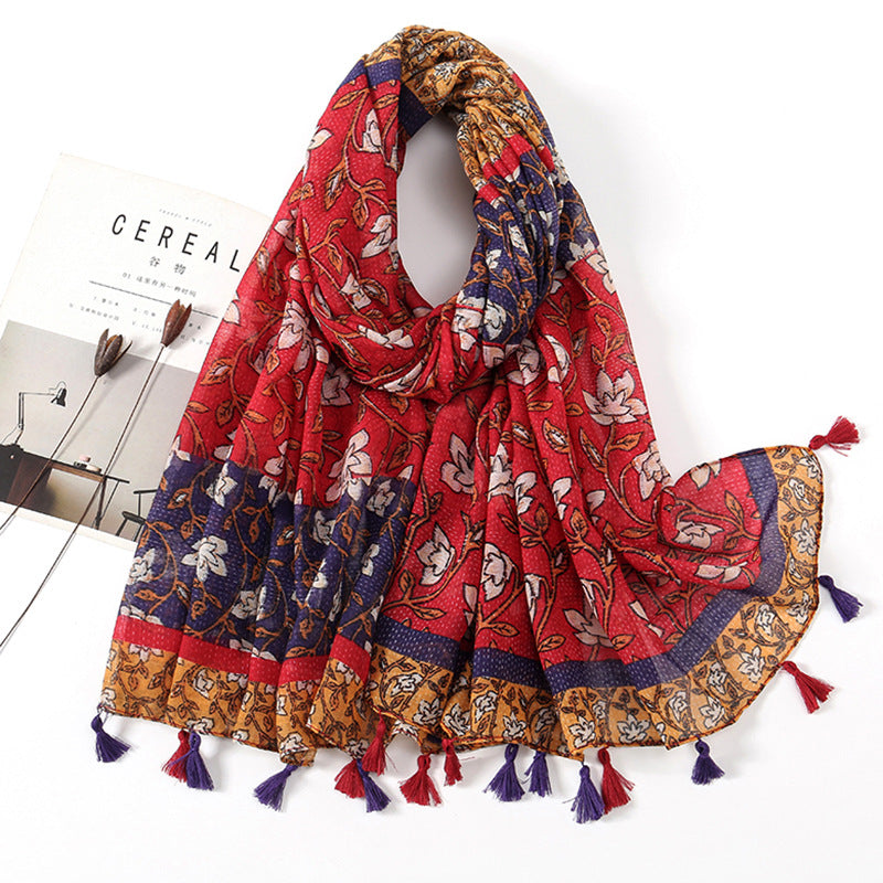 Women's Vintage Bohemian Floral Cotton Linen Print Scarf with Tassels