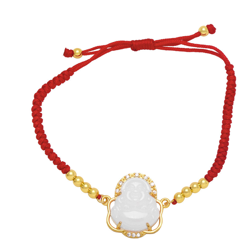 Fashion Buddha Gold Plated Zircon Beaded Copper Bracelet with Red String Design