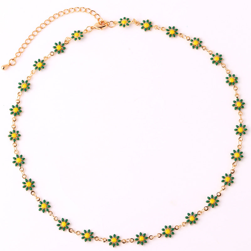 Fashion Daisy Enamel Flower Necklace and Bracelet Set - 18k Gold Plated