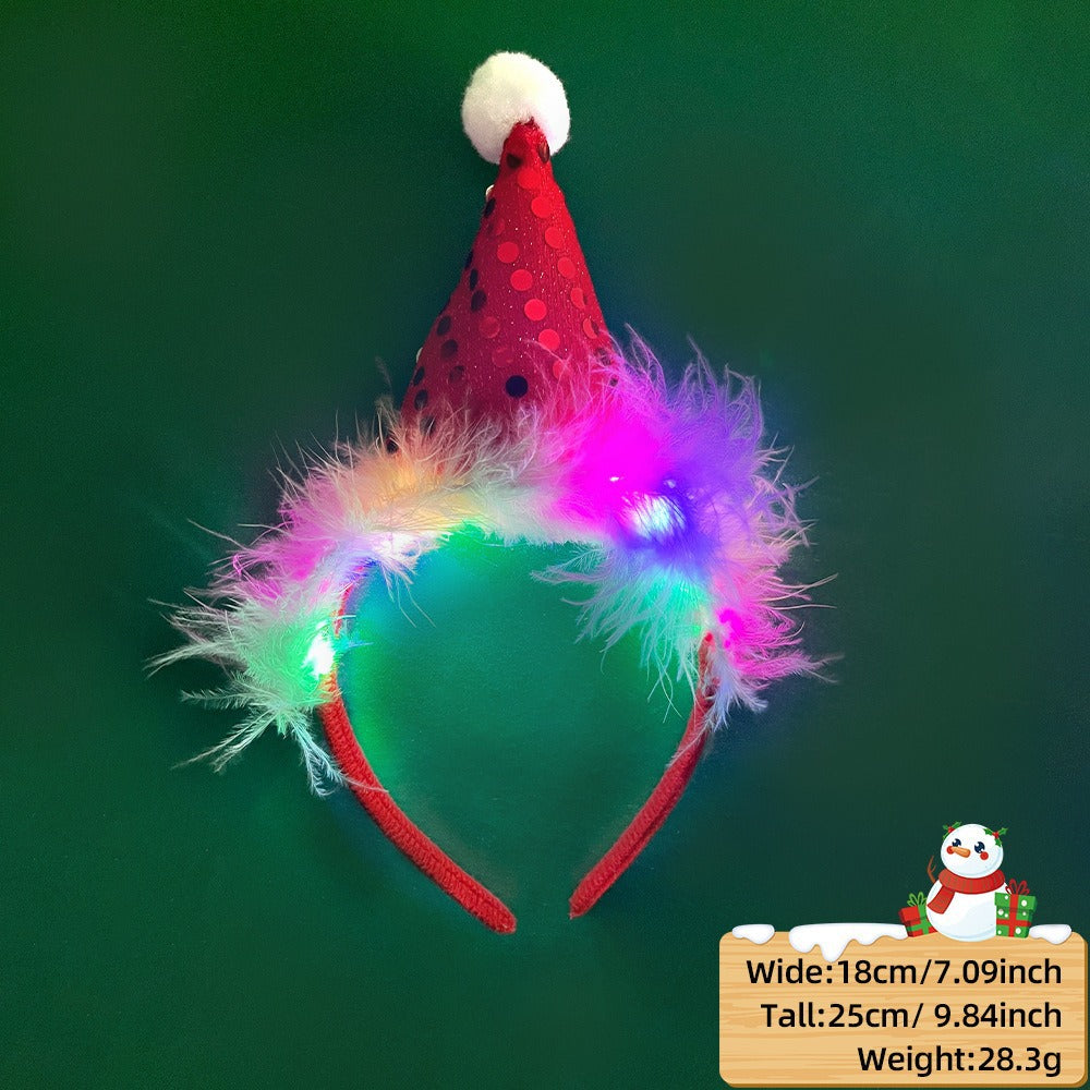 Christmas LED Light-Up Reindeer Antler Headband with Feather Trim