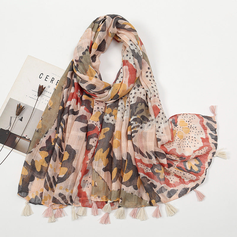 Women's Vintage Bohemian Floral Cotton Linen Print Scarf with Tassels