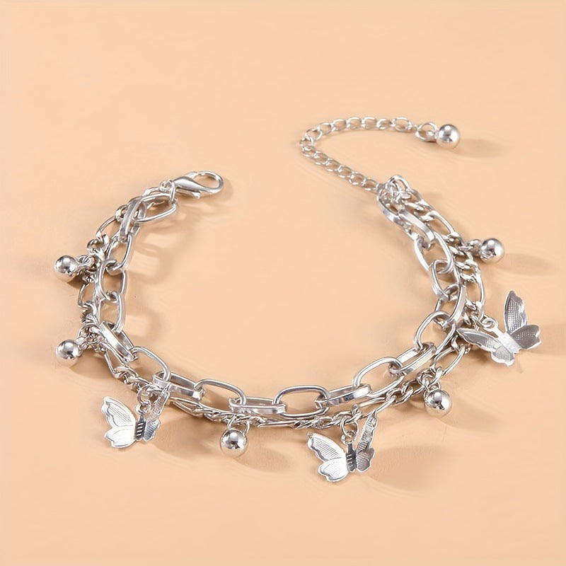 Elegant Butterfly Alloy Double-Layer Tassel Bracelet Set