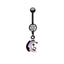 Moon & Heart Shaped Belly Ring with Rhinestones - White Gold Plated