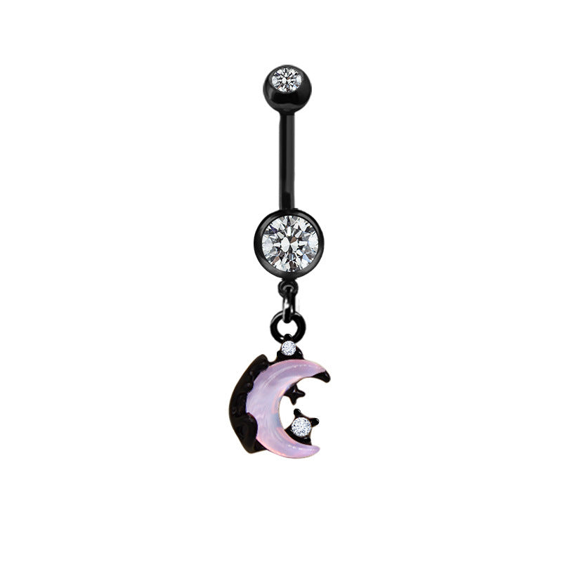 Moon & Heart Shaped Belly Ring with Rhinestones - White Gold Plated