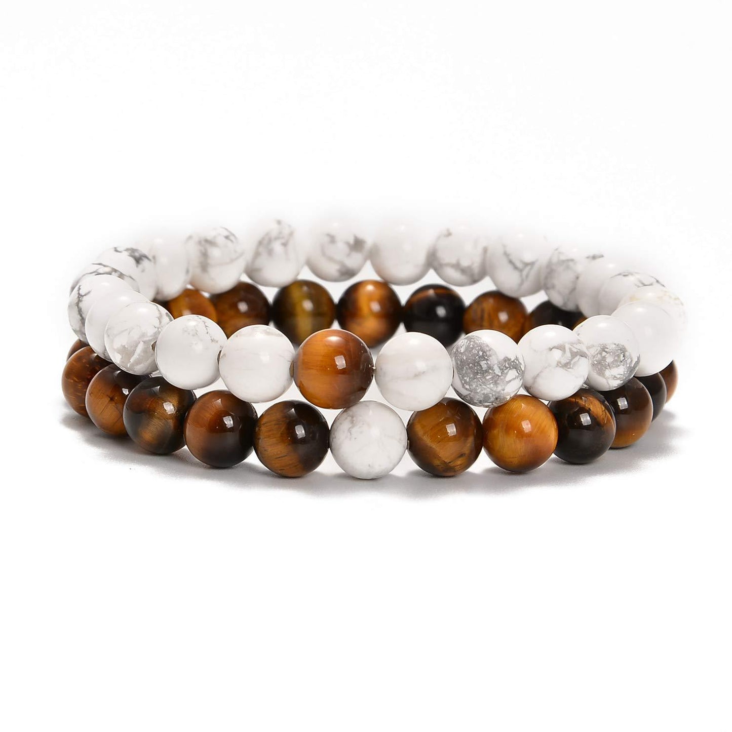 Unisex Natural Stone Lava Tiger Eye White Agate Beaded Bracelet Set