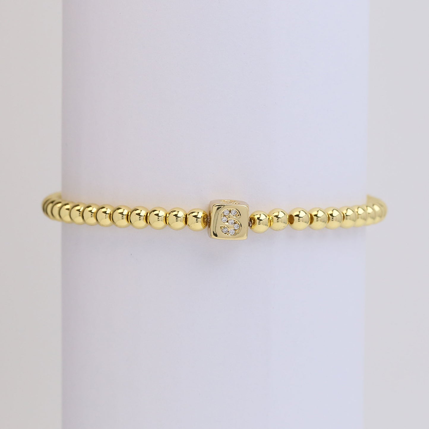 18k Gold Plated Copper Letter Zircon Beaded Stretch Bracelet