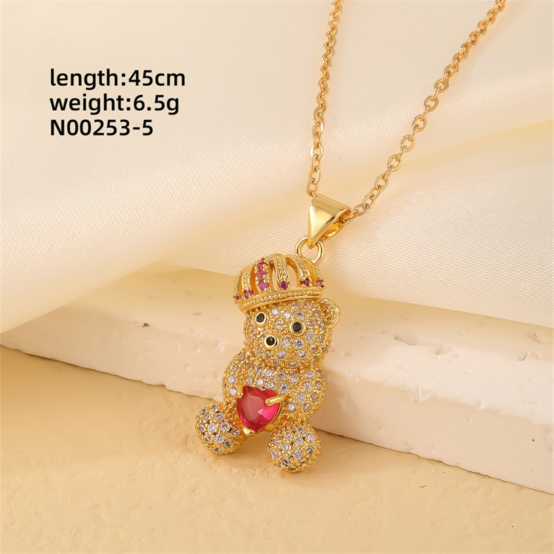 Cute Bear Zircon Pendant Necklace - Gold Plated Stainless Steel