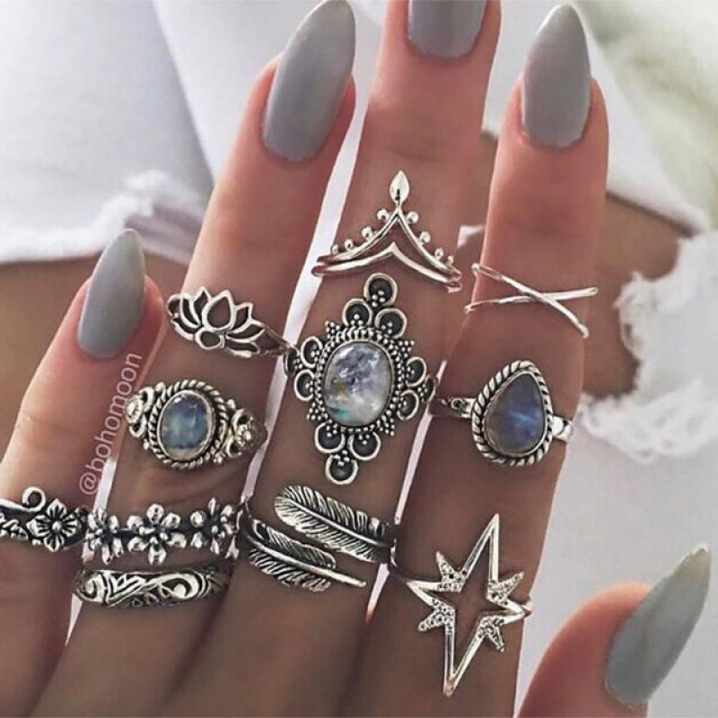 Bohemian Retro Punk Elephant Opal Crystal Midi Knuckle Ring Set for Women