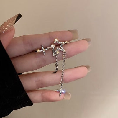 Ig Style Asymmetrical Star Moon Rhinestone Ear Cuffs with Cross Tassel Design