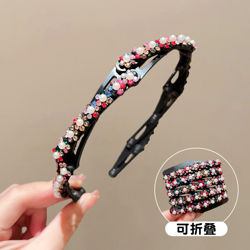 Women's Shiny Flower Acrylic Rhinestone Pearl Hair Band with Stretchable Teeth Headband