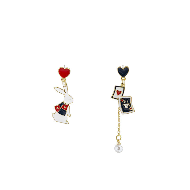 Cartoon Animal Enamel Pearl Drop Earrings with Bow and Flower Design