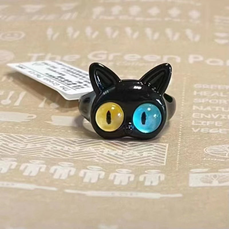 Cute Cat Black Monster Glass Alloy Open Ring with Artificial Pearls