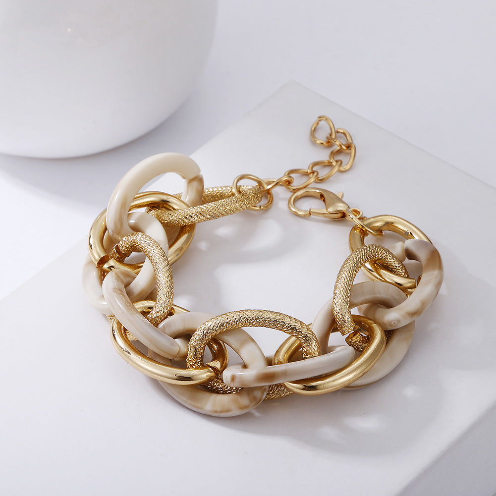 Multi-Layer Geometric Acrylic and Metal Chain Bracelet - Retro Leopard Design