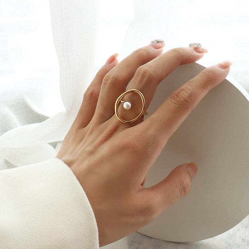 Simple Geometric Pearl Titanium Steel Ring with 18k Gold Plating