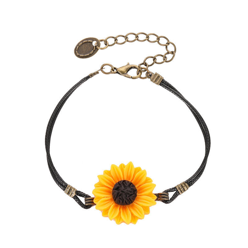 Sunflower and Daisy Leather Rope Bracelet for Women and Friends