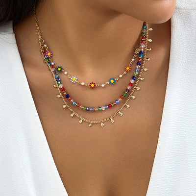 Hawaiian Crystal Flower Multicolor Layered Necklace with Butterfly and Eye Pendant