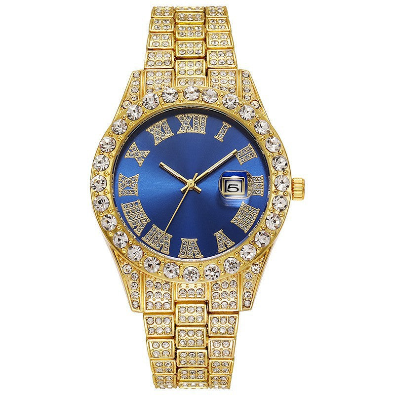 Casual Color Block Luxury Steel Band Quartz Men's Watch with Diamond-Set Cuban Bracelet