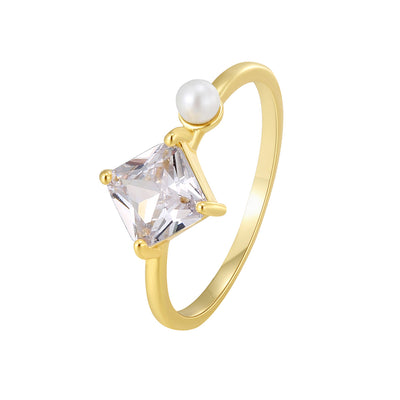 18K Gold Plated Geometric Oval Heart Pearl Zircon Ring with Square Inlay Design