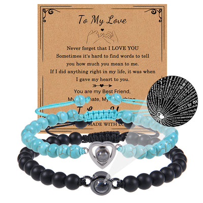 Romantic Heart Shape Natural Stone Projection Bracelets with 100 Languages Card Gift Set