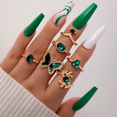 Punk Heart Snake Alloy Gemstone & Green Butterfly Crystal Ring Set for Women