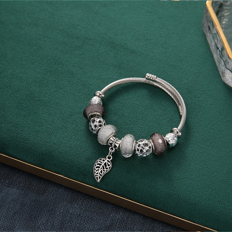 Casual Leaf Heart Stainless Steel Bangle with Crystal Tassel Pendant