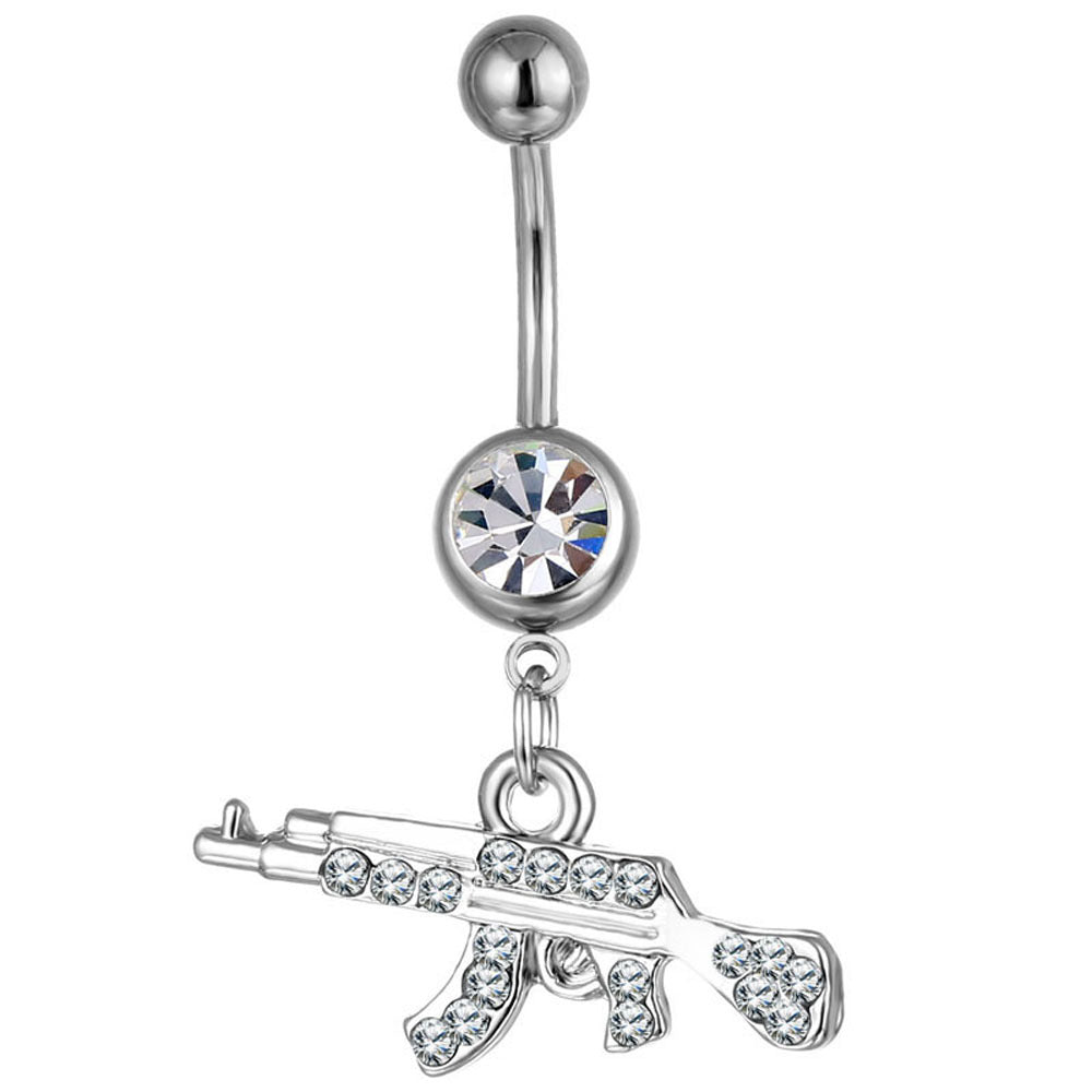 Gun-Shaped Geometric Pendant Navel Ring with Rhinestones