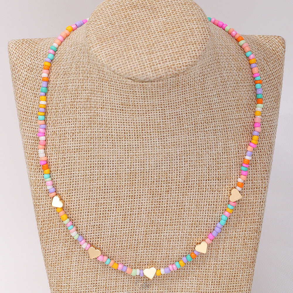 Bohemian Colorful Beaded Necklace with Heart Pendant and Natural Stone Pearls