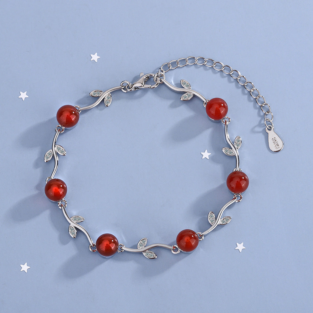 Elegant Retro Leaf Red Agate Women's Bracelet