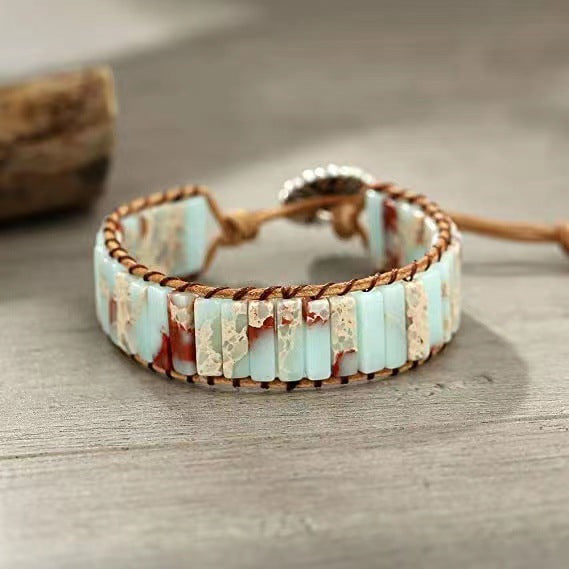 Ethnic Color Block Agate Stone Handmade Leather Bracelet