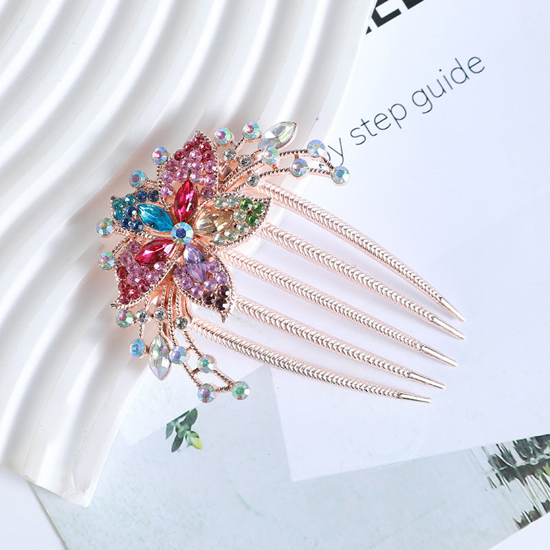 Retro Rhinestone Flower Hair Comb and Metal Hairpin Set