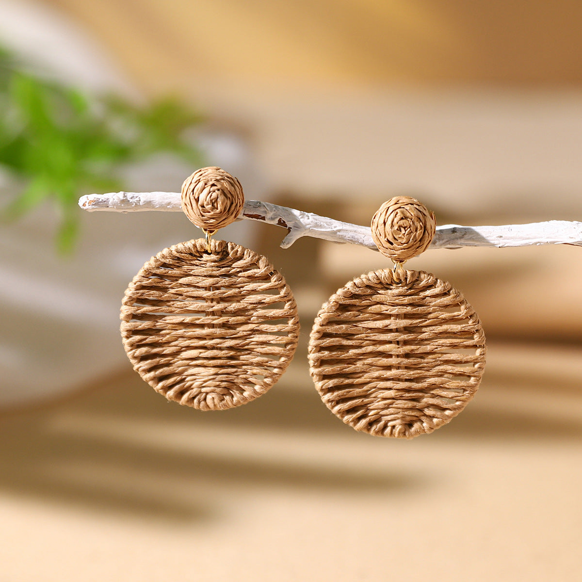 Bohemian Colorful Woven Round Rattan Straw Drop Earrings for Women