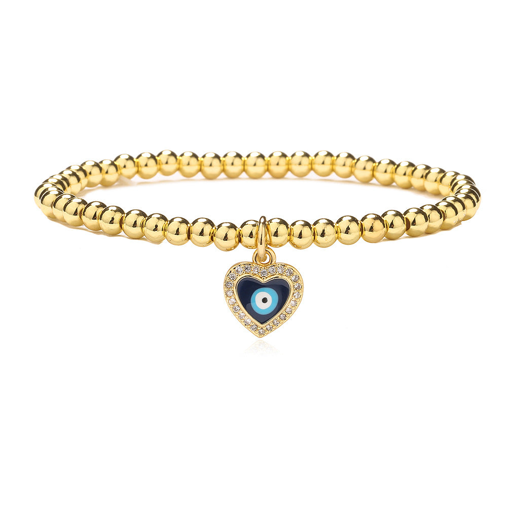 18k Gold Plated Devil's Eye Copper Bead Bracelet with Zircon and Enamel Detailing