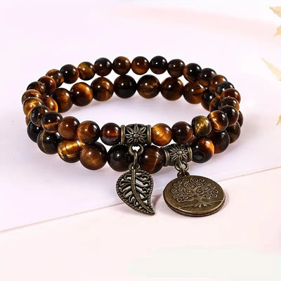 Vintage Ethnic Leaf Tree Agate Beaded Bracelets Set