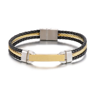 Retro Hexagon Stainless Steel Cowhide 18K Gold Plated Men's Bracelet