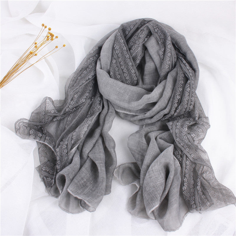 Women's Elegant Lace Trim Cotton Linen Scarf Shawl