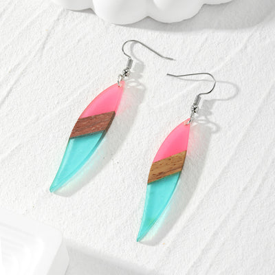 1 Pair Color Block Wood Leaf Drop Earrings