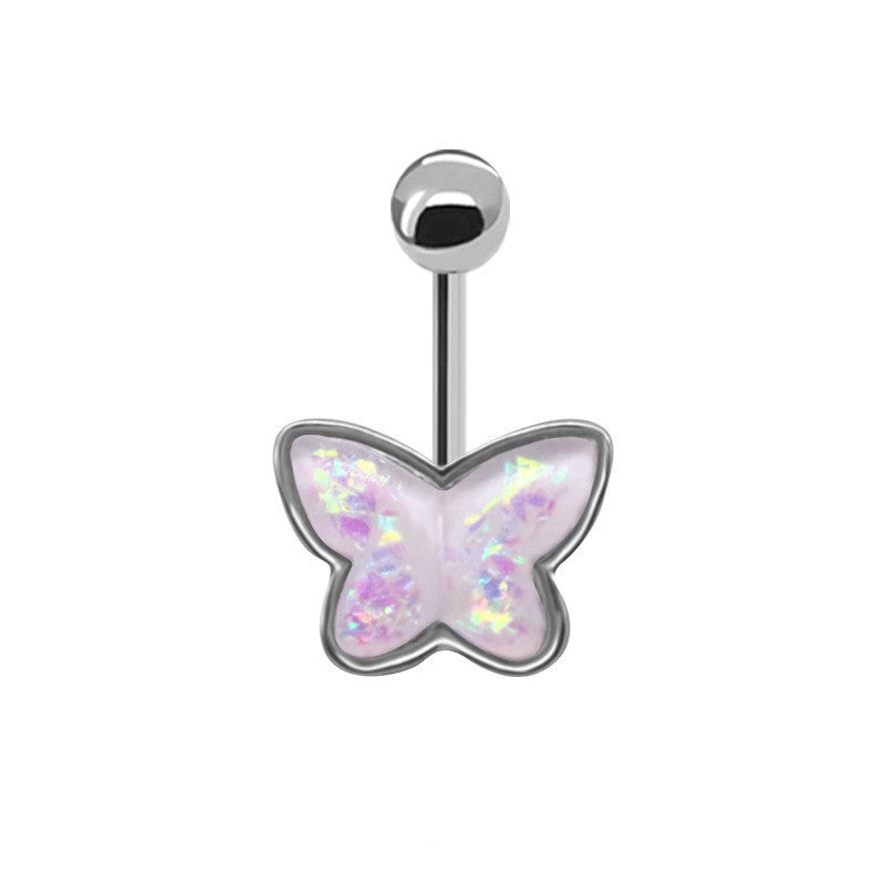 Tropical Heart-Shaped Floral Zircon Inlay Stainless Steel Navel Ring with Butterfly Design