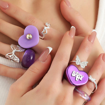 Heart Shape Butterfly Resin Ring Set - 8pcs Y2K Style Fashion Jewelry