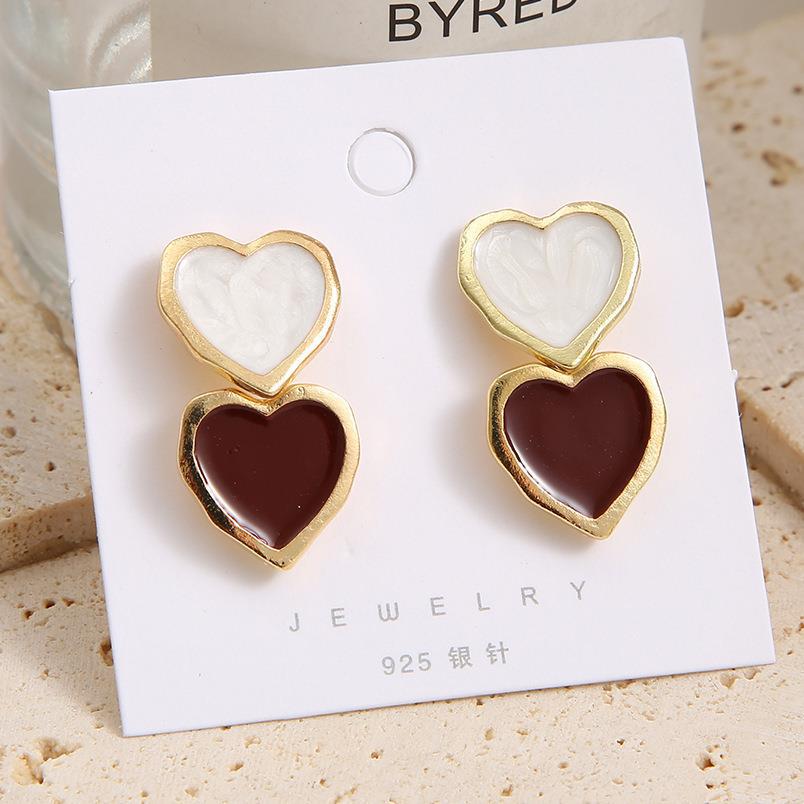 Creative Retro Pearl Heart Drop Earrings - Double Layer Alloy Design