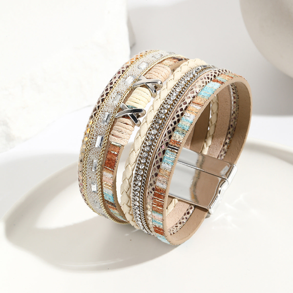 Simple Style Layered PU Leather Women's Bangle with Crystal Rhinestones and Magnetic Clasp