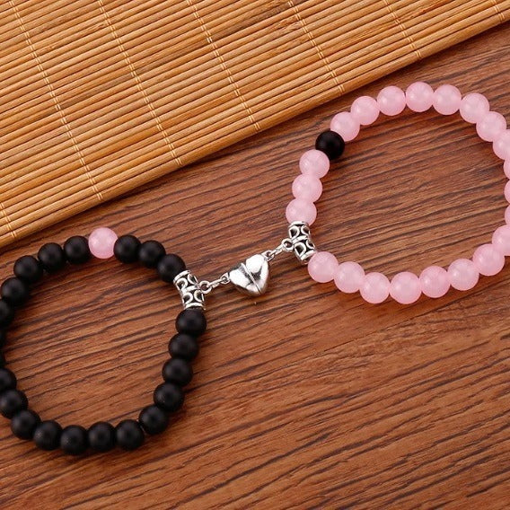 Simple Heart Shape Agate Magnetic Couple Bracelets Set