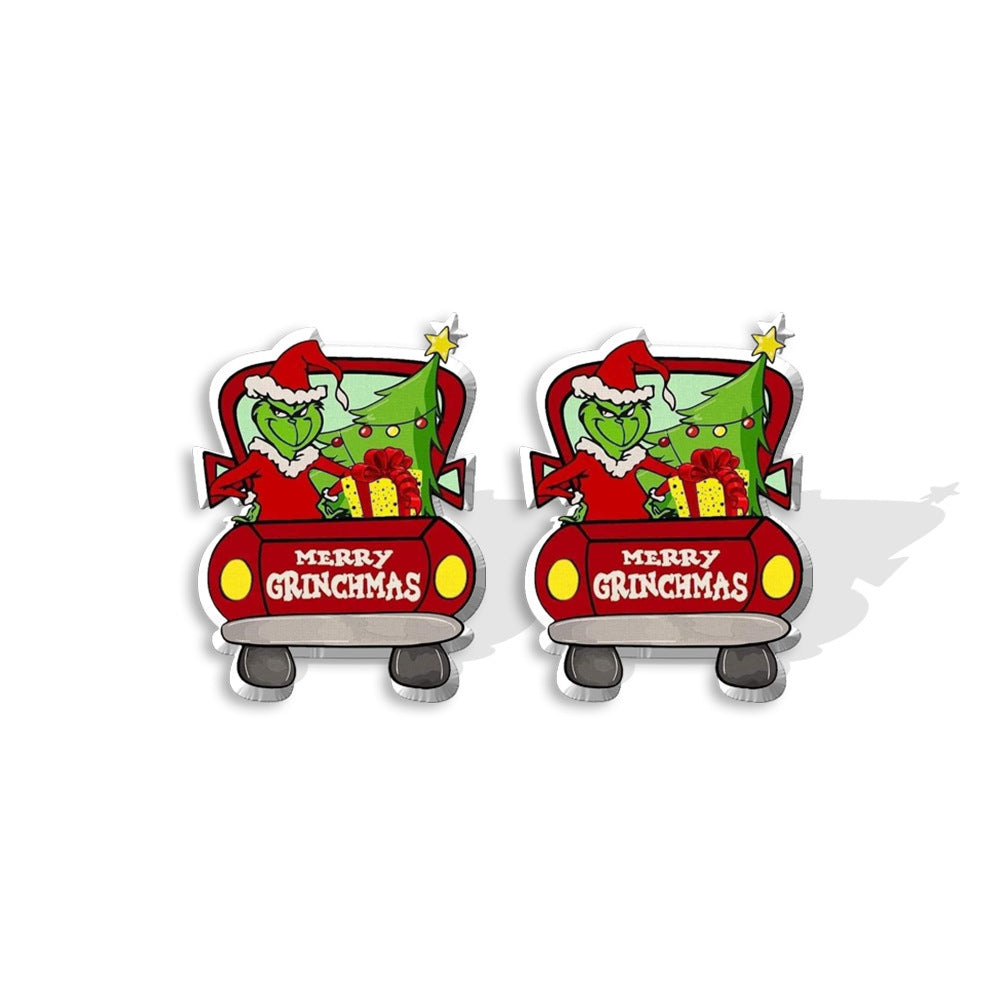 Cute Cartoon Christmas Tree Acrylic Earrings - Grinch Festive Studs for Women