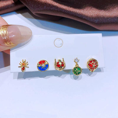 IG Style Cartoon Character Asymmetrical Enamel Zircon 14K Gold Plated Ear Studs Set