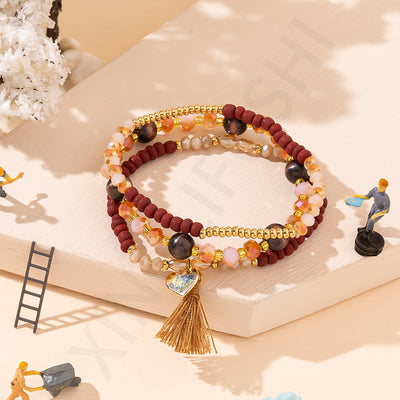 Simple Heart Crystal Tassel Beaded Bracelet Set for Women