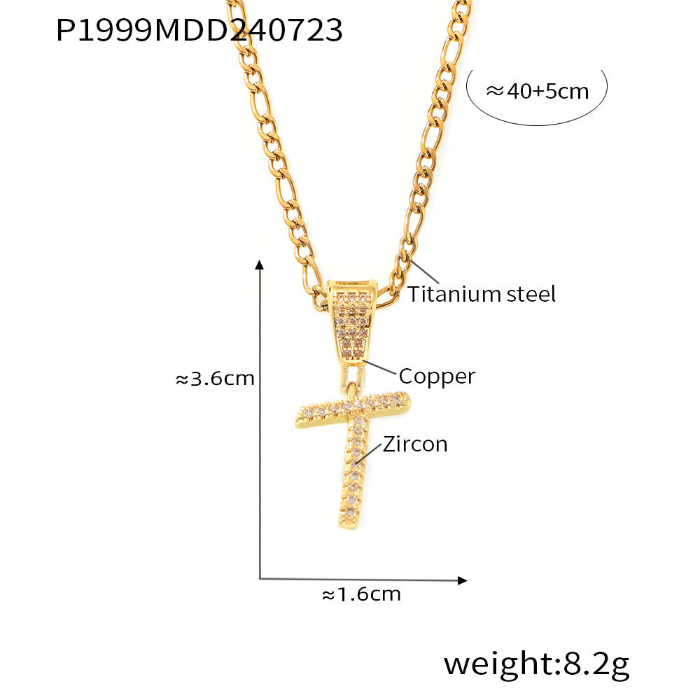 18K Gold Plated Titanium Steel Cursive Letter Pendant Necklace with Zircon Accents