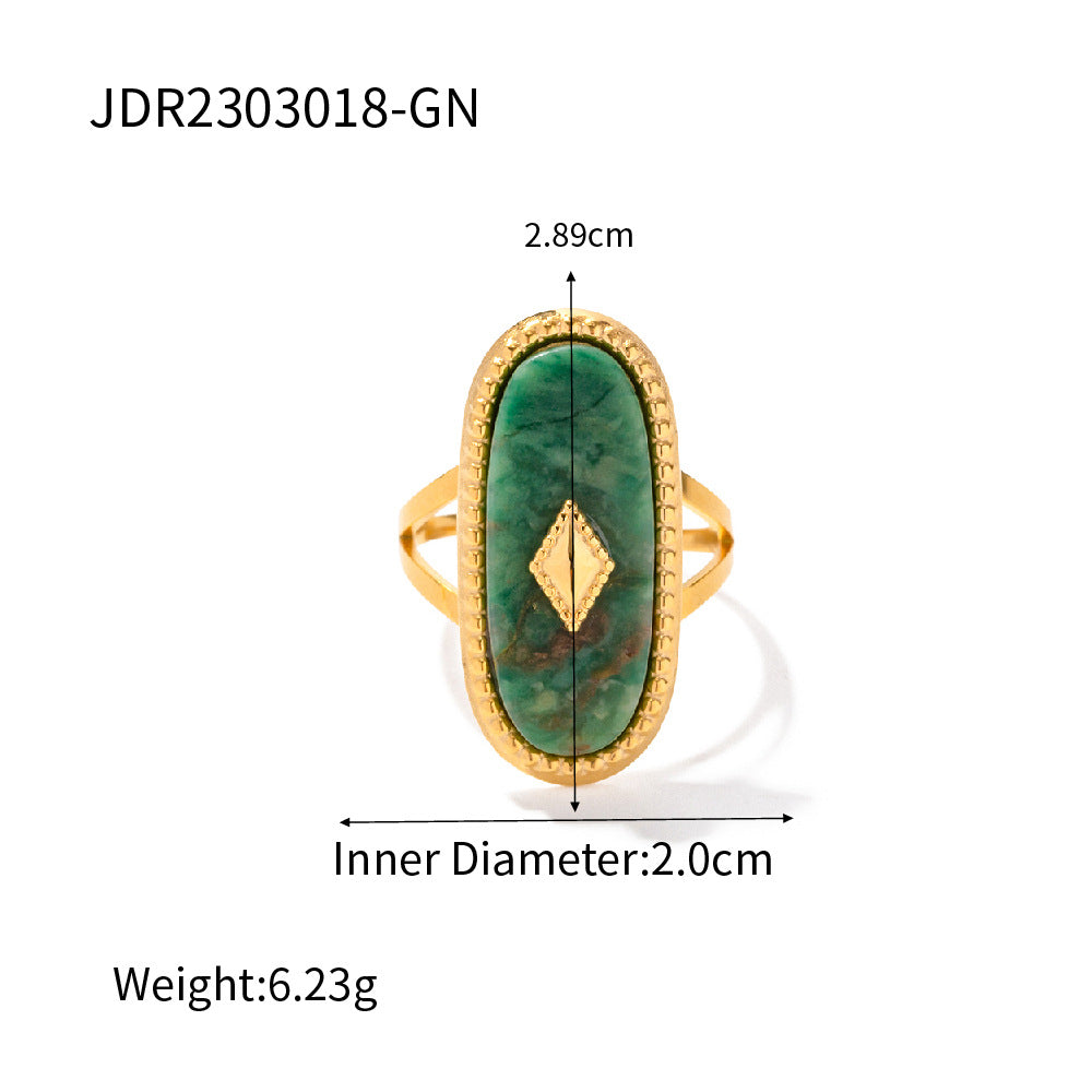 INS Style Oval Stainless Steel 18K Gold Plated Ring with Natural Stone