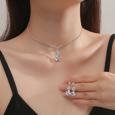 Simple Geometric Zircon Necklace and Round Rhinestone Earrings Set for Women