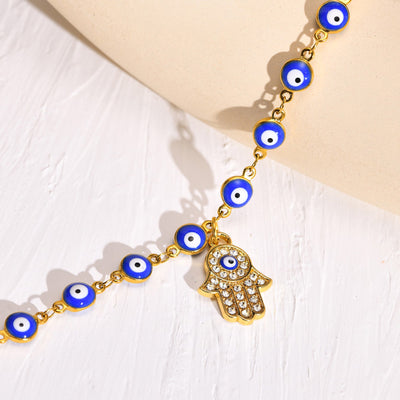 Evil Eye Fatima Hand Tropical Beach Zircon Anklet in 18k Gold Plated Titanium Steel